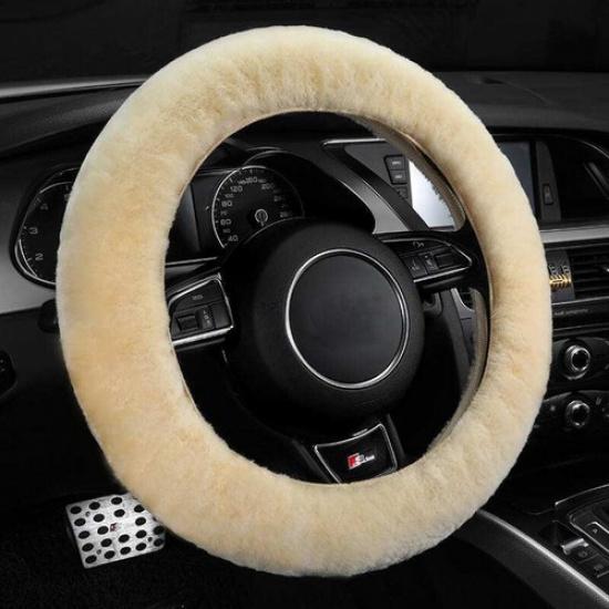 Beige Universal Winter Car Wool Steering Wheel Cover Woolen Comfortable and Warm