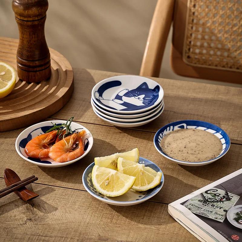Japanese Style Ceramic Dessert Sauce Dish Tableware Creative Cute Cartoon Lucky Cat Pattern Water Drop Shape Fruit Sushi Plates