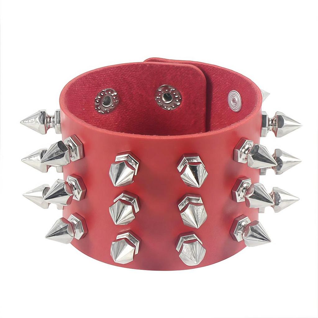Eco-friendly PU Leather Harajuku Punk Cone Spike Bracelet with Three-Row Chains