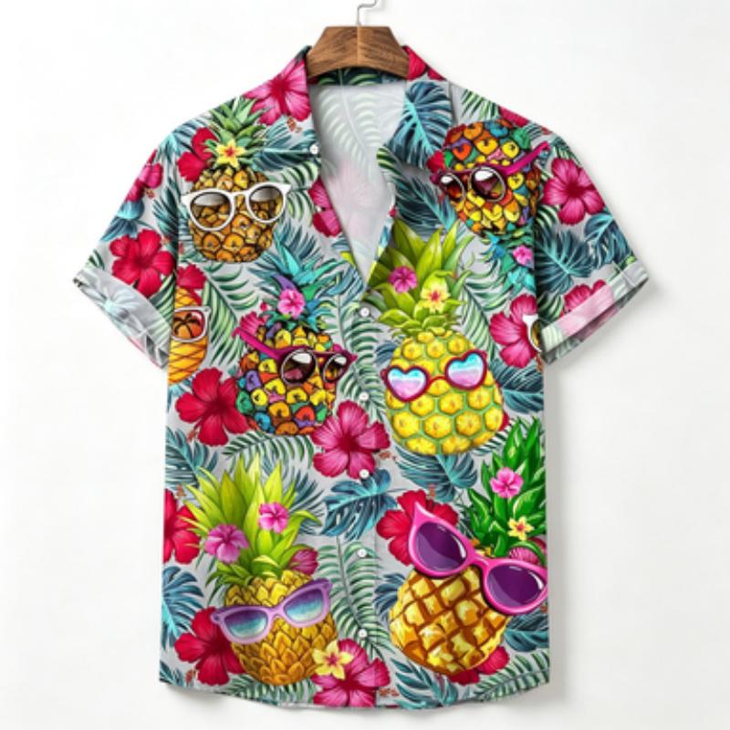 Men's short sleeved shirt with collar and short sleeved shirt, sunglasses, pineapple printed Hawaiian hibiscus flower