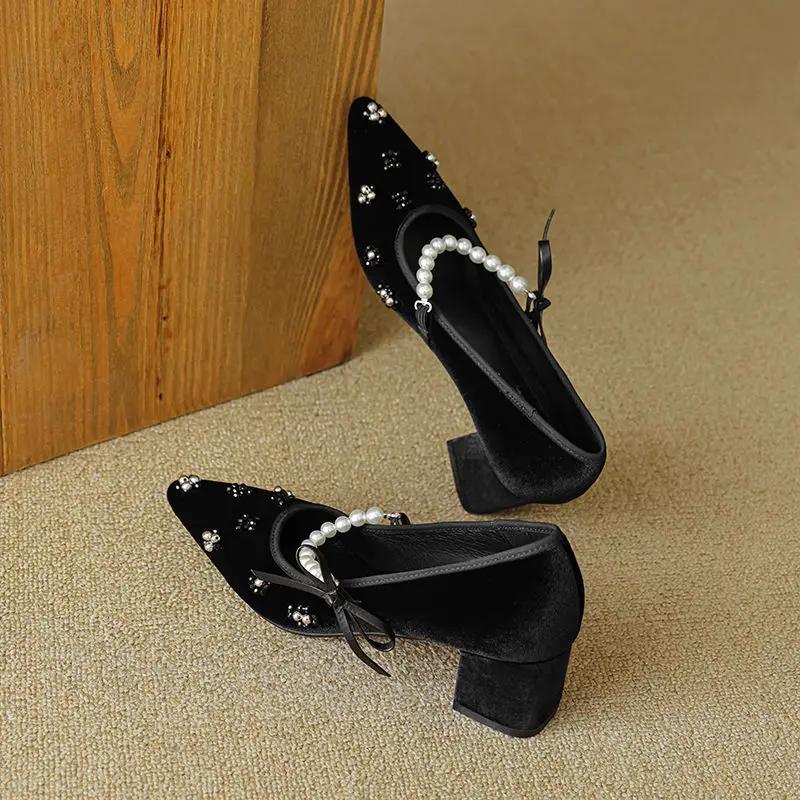 Fashion Japanese Style Lolita Block Heel Woman Pumps with Bow Medium Heels Chunky Pointed Toe Mary Jane Shoes for Women Gothic Pearl Y2k