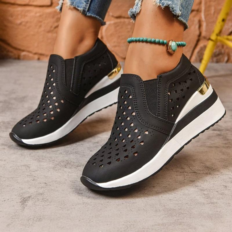 2026 New Hollow Out Wedges Sneakers Women Plus Size Pu Leather Thick Sole Loafers Woman Slip On Breathable Casual Shoes Female