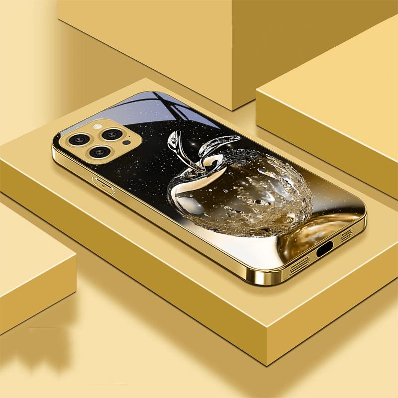 

Прозрачный хрустальный чехол-яблоко для iPhone 16 Pro Max 15 P Ro 14 13 Plus 12 Mini 11Pro Max XS Max XR Золотой чехол для телефона из закаленного стекла For iPhone 14 ProMax