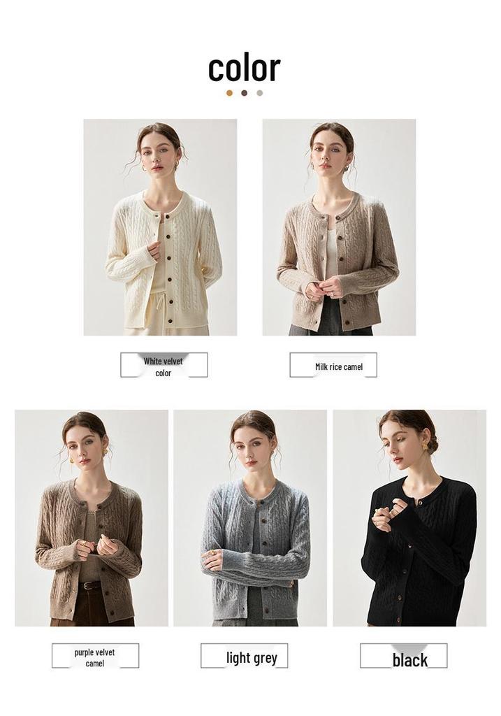 Elegant Twisted Cable Cashmere Cardigan - 2026 Autumn/Winter Women's Round Neck Thick Base Layer, Loose yet Slimming Outerwear