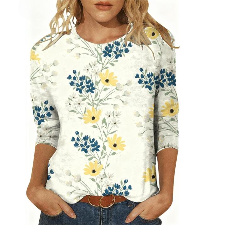 Kevadised ja sügisesed ümara kaelusega 3D lilledega trükitud topid, moekad vabaaja pikkade varrukatega naiste T-särgid