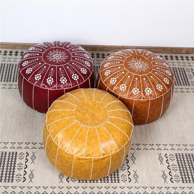 Nordic Style Moroccan Artificial Leather Pouf Craft Mandala Embroidery Ottoman Cover Footstool Round Unstuffed Cushion Cover