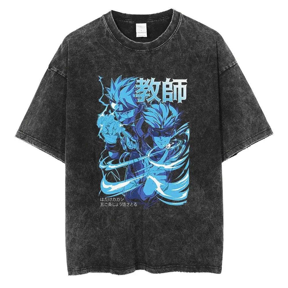 Set T-shirt Jujutsu Kaisen Uomo Cotone Lavato Vintage Manica Corta Top Estivi Anime Grafiche Magliette Personaggi Doppi Retro