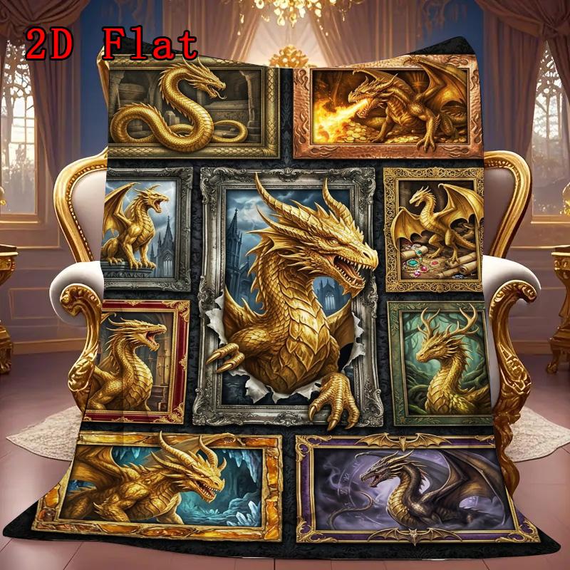Golden Dragon Compilation 2D Flat Pattern Flannel Blanket, High Quality All Seasons, Home Decor, Warmth and Comfort, Perfect for Christmas Gifts.