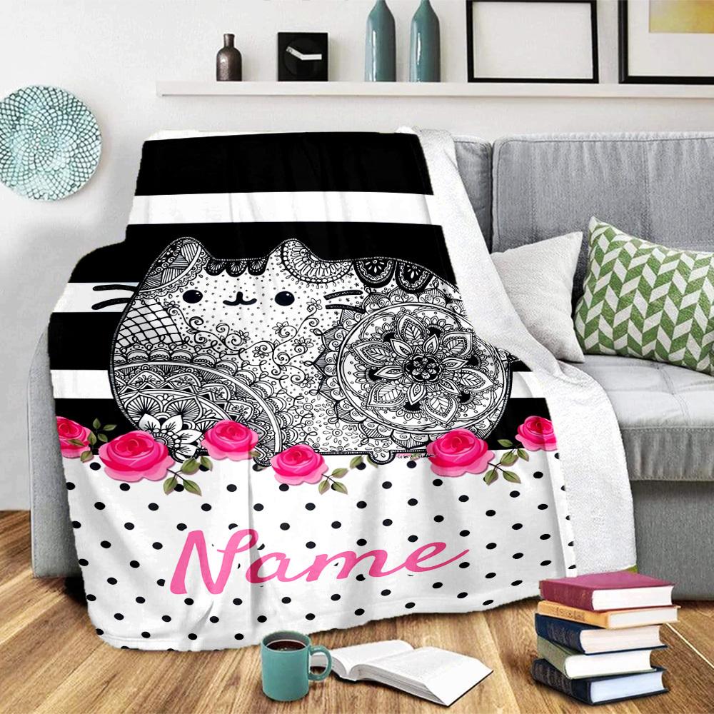 Cute Cat Mandala Design Home Customize Your Name Blankets Soft Warm Lightweight Allseason Multipurpose Blanket For Picnics Sofas Offices Beds Living