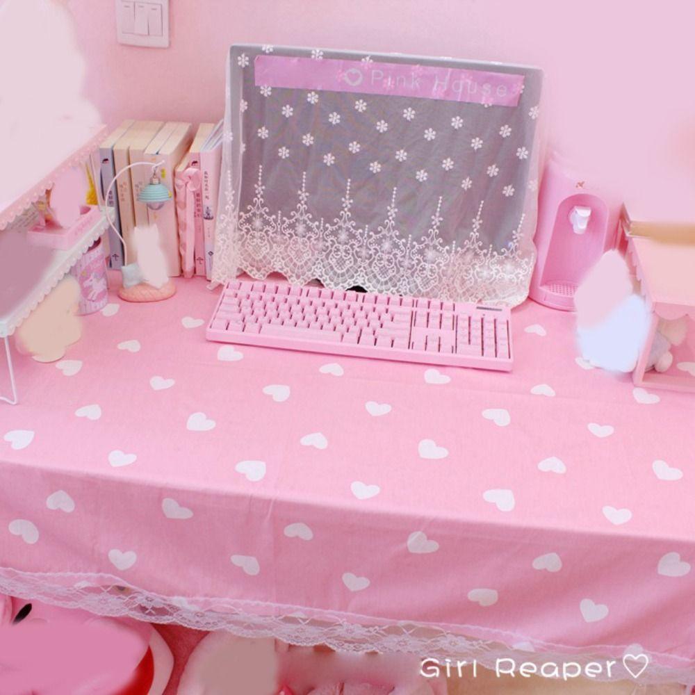 Cute Kawaii Girls Hot Pink Tablecloth Rectangular Cotton Plaid Desk Cloth Cover Dormitory Computer