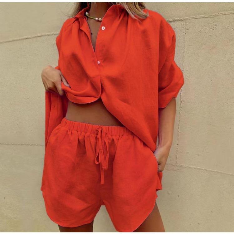 Summer Women Fashion Two Piece Set Casual Loose Button Tops with Drawstring Shorts Solid Color Home Suits Short Sleeve Outfit