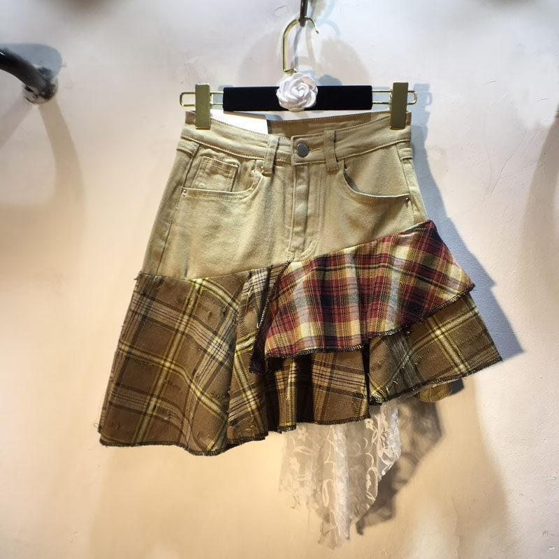 European Station Spring Clothing New Splicing Plaid Lace Skirt High Waist Elastic Denim Skirt Short Skirt