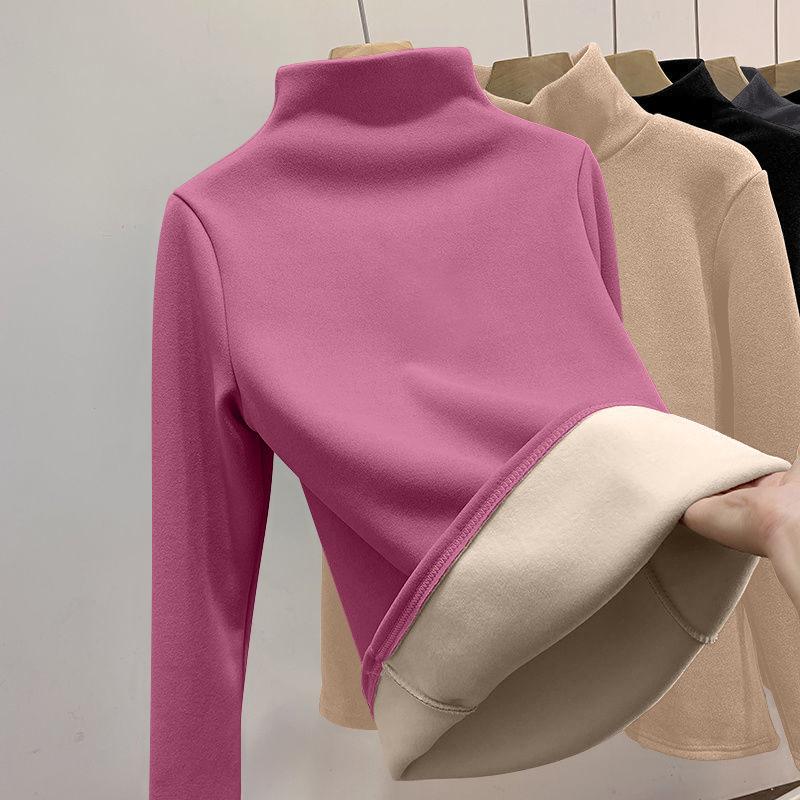 Women Winter Half High Collar Bottom Shirt Solid Semi High Collar Long Sleeve Basic T-Shirt Heating Pullovers