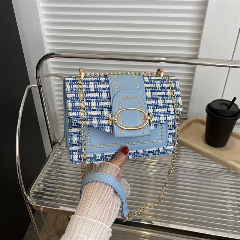 Checkered Metal Chain Single Shoulder Bag Women's Lock Buckle Crossbody Commuting Small Square Women