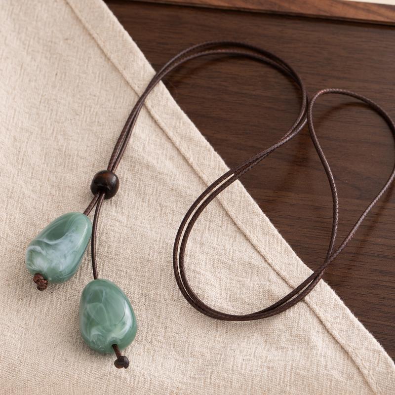 Elegant Long Oval Pendant Necklace Chinese Style Forest System Simple Vintage Zen Design Jewelry Accessory