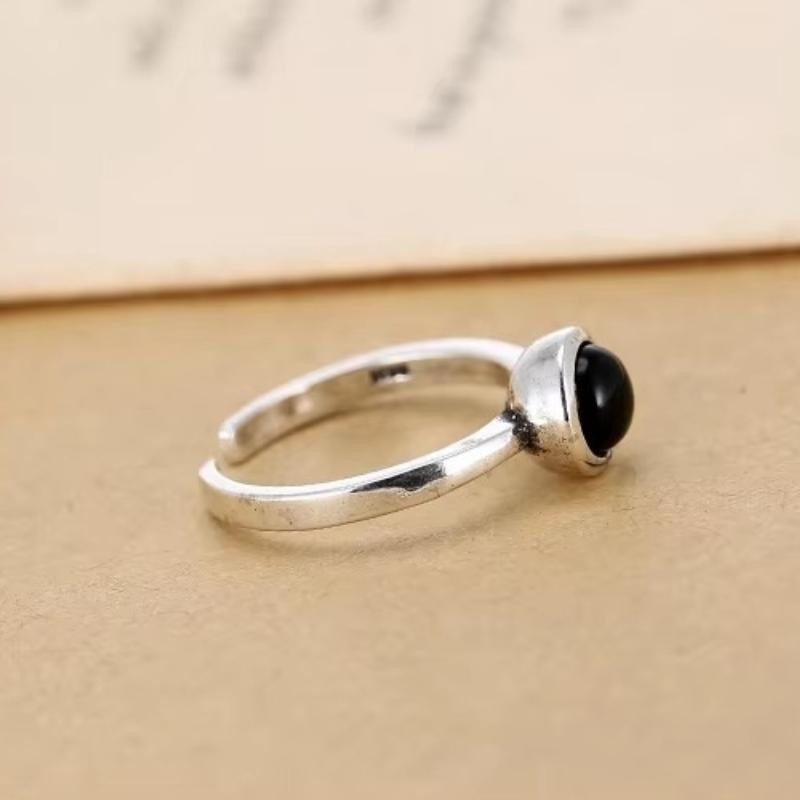 925 Sterling Silver Black Open Rings for Women Personality Simple Style Lady Prevent Allergy Sterling-silver-jewelry