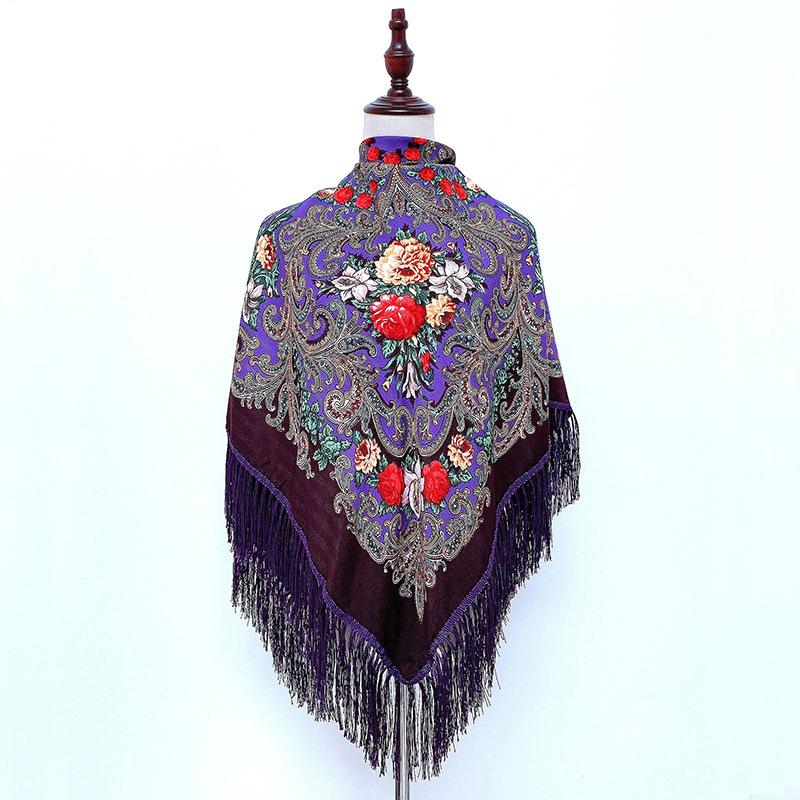 130*130cm Russian National Scarf Women Luxury Floral Bandana Fringed Ukrainian Shawl Big Size Handkerchief Babushka Head Wraps