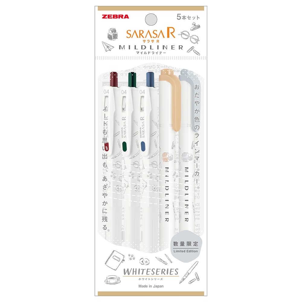 Zebra Sarasa R Mildliner Gel Ballpoint White & Pens, Series, 5-Piece Set, P-JJS29-R1W-C