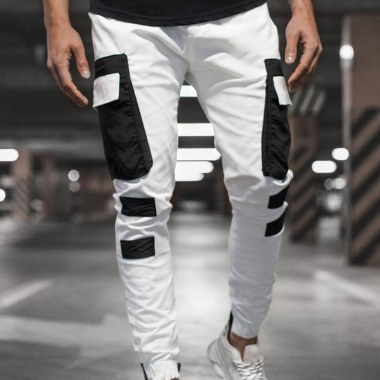 Cargo Pants Large Side Pockets Fine Texture Contrast Color Men Splicing Sports Trousers for Daily Life