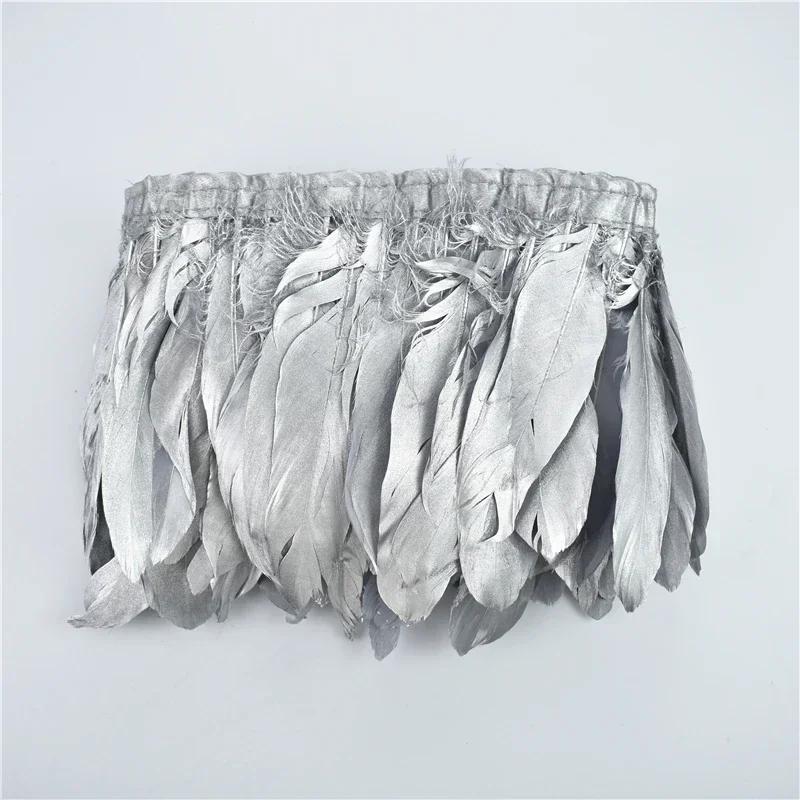 1Yards Spray Gold Silver Goose Feathers On Tape Fringe Trim Ribbon Dress Geese Feather Tims Clothes Sewing Fabric Decoration Diy