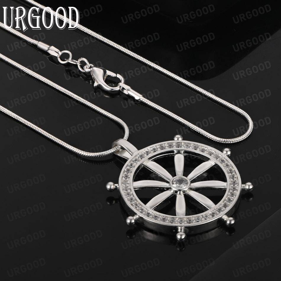 925 Sterling Silver Vintage Ship's Wheel Pendant Necklace With AAA Zircon - Stylish Evening Jewelry