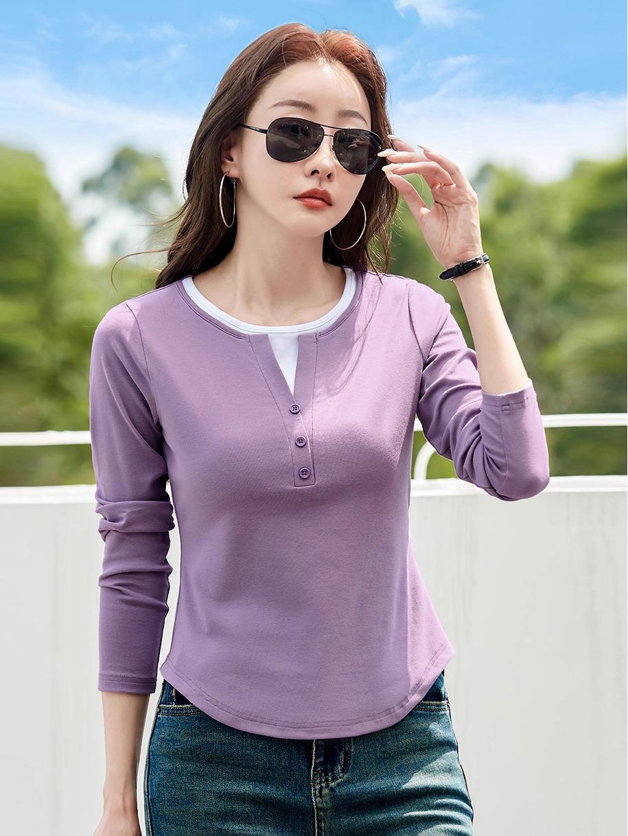 

Women s Color Block Slim Fit Fake Two-Piece Long Sleeve Round Neck T-Shirt for Spring/Autumn 2025 Large
