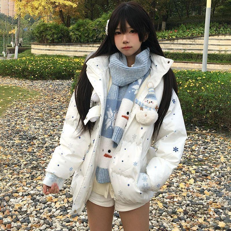 Winter sweet girl atmosphere Velcro cute snowman fur collar hooded cotton dress + warm scarf two-piece set