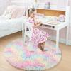 Rainbow Fluffy Round Rug for Girls Bedroom Home Decor Colorful Pastel Shag Circle Soft Cute Fuzzy Area Rugs Preppy Dorm