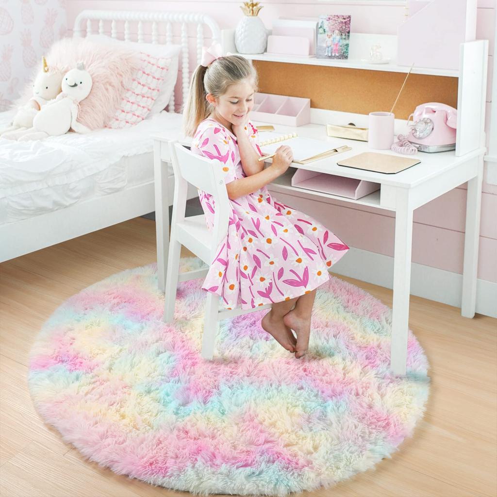 Rainbow Fluffy Round Rug for Girls Bedroom Home Decor Colorful Pastel Shag Circle Soft Cute Fuzzy Area Rugs Preppy Dorm