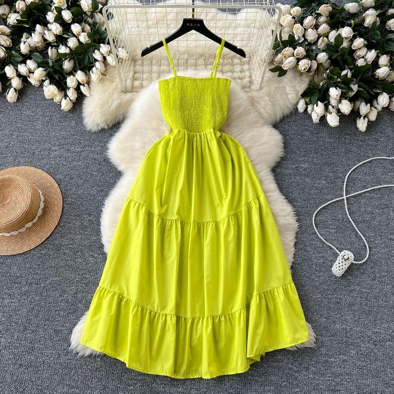 Sling Dress Women's 2024 Summer Dress New Arrival Elastic Tight Waist Slim Looking Sleeveless Tube Top Ruffles Long Dress
