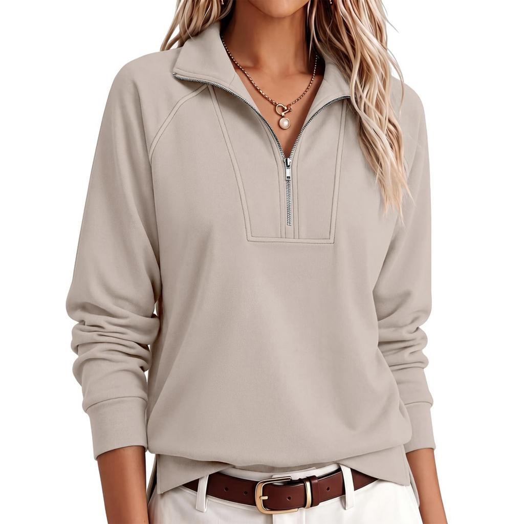 Women's Half Zip Sweatshirt Color Collared Long Sleeve Raglan Sleeve Loose Fit Casual Top for Everyday Wear