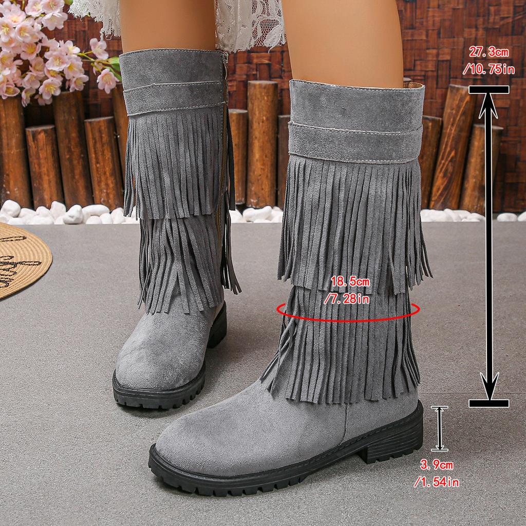 Dámské semišové boty s dvojitým třásněm, kotníkové boty na robustním středním podpatku se zipem na boku a kulatou špičkou, široké lýtko, nadměrné velikosti, dlouhé boty na podzim/zimu