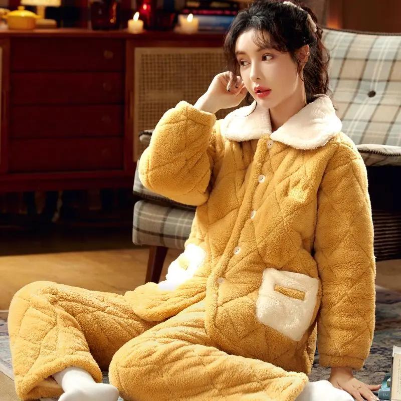 Ms. Autumn and Winter Coral Fleece Intensification Brushed Warm Flannel Loungewear Large Size Set Pajama Set Sleepwear Women