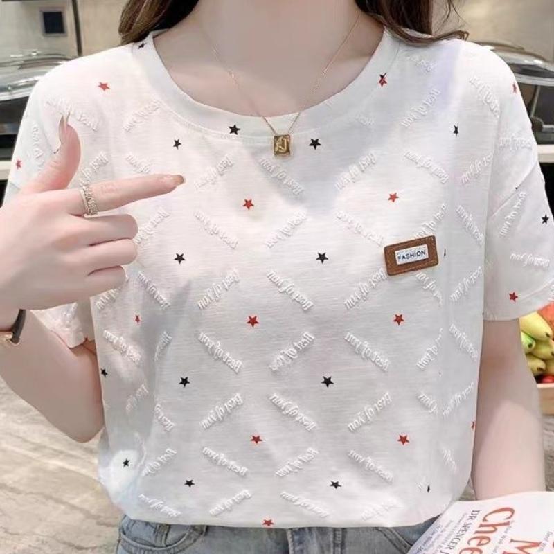 

JKASHDK Женская мода повседневная летняя весна звездный принт короткий рукав О-образный вырез блузки и рубашки XXL звезда