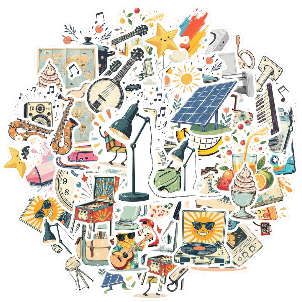 35pcs-100pcs Cartoon Retro Decals Playful Music Vintage Stickers Stationery Stickers For Guitar Suitcase Laptop