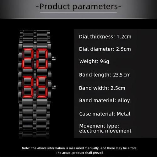 Fashionable Full Metal Digital Mule Watch for Men with LED Display, Perfect for Sports and Creative Gifts, Black and Red.
