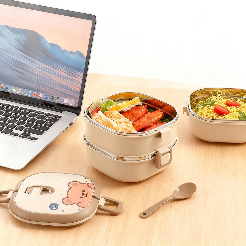 WORHTBUY Cute Square Insulated Food Container With Spoon Portable Large Capacity Stackable 304 Stainless Steel Lunch Box For Kid