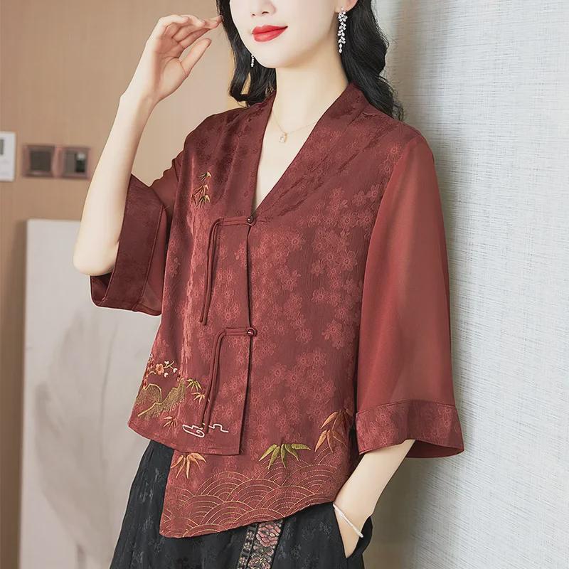 2024 Spring Women's Embroidered Buttoned Top - Irregular Design, Three-Quarter Sleeves