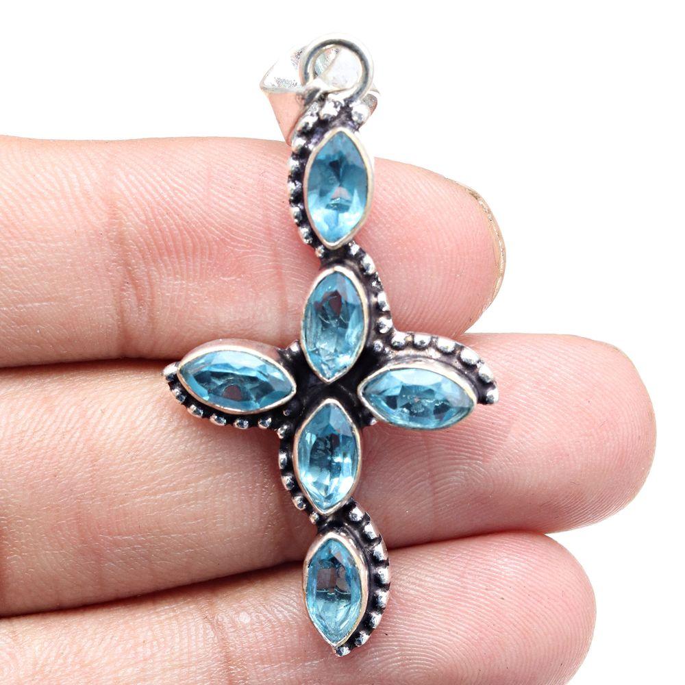 Pendant Swiss Blue Quartz Gemstone Gift For Her Silver Jewelry 2.25"