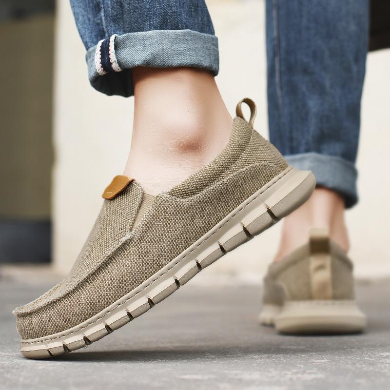 Men Outdoor Canvas Shoes Blue Slip on Sneakers Driving Shoes Casual Khaki Wide Head Shoes for Farther Plus Size Lightweight