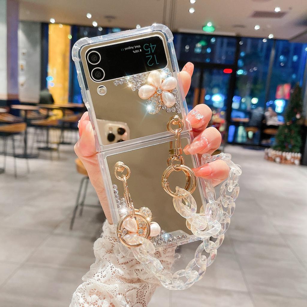 Applicable To Samsung Zflip4 Mobile Phone Case, Rhinestone Mirror Diagonal Flower Zflip3 Bracelet All-inclusive Women's Folding Protective Case
