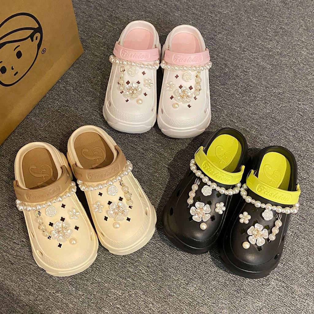 Pearl Chain Chunky Platform Sandals for Women Summer Thick Sole Beach Sandals Woman Flowers Non Slip EVA Clogs Garden Shoes