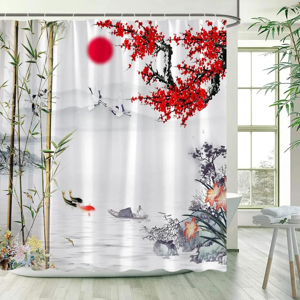 Flower Bird Scenery Shower Curtains Green Bamboo Red Floral Mountain Ink Landscape Bath Curtain Fabric Bathroom Decor with Hooks