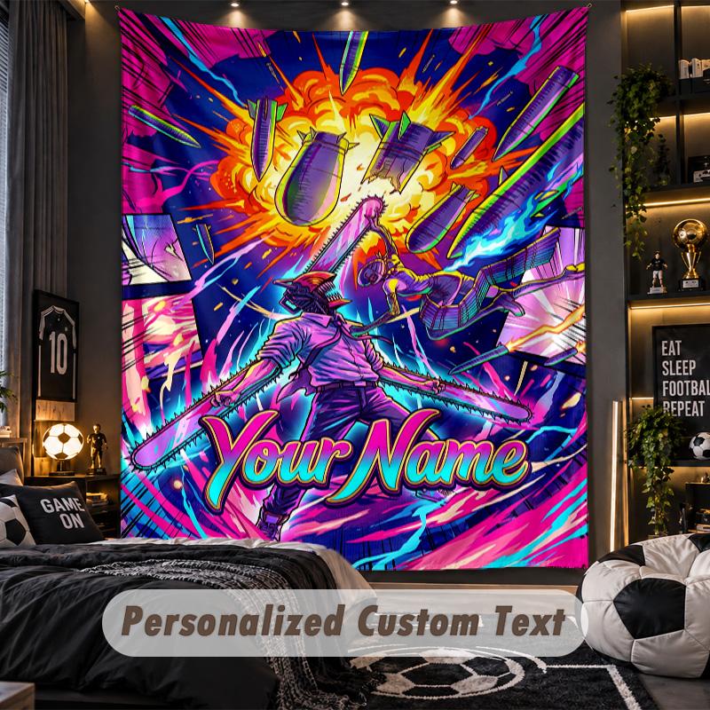 Personalized Wall Tapestry,Chainsaw Man Custom Printed Name, Fabric Wall Art For Indoor Room Backdrop