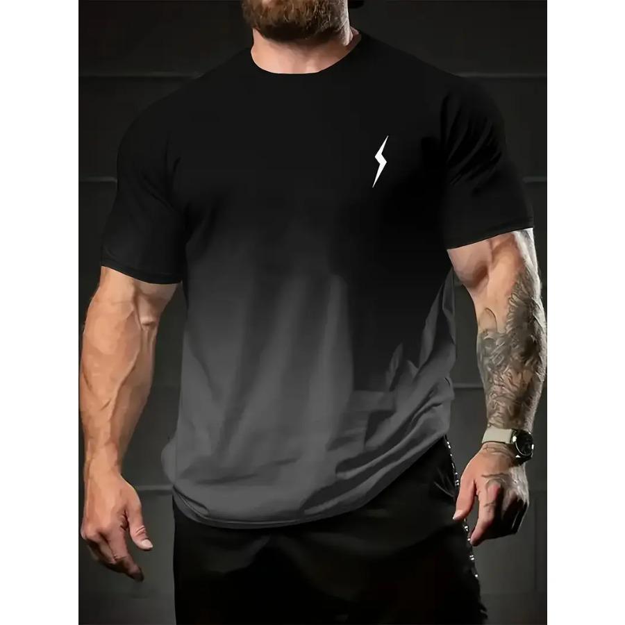 Men's Summer Fashion, Thunder Graphic Print And Gradient Color Crew Neck And Short Sleeve T-shirt, Tops For Daily And Casual Outerwear