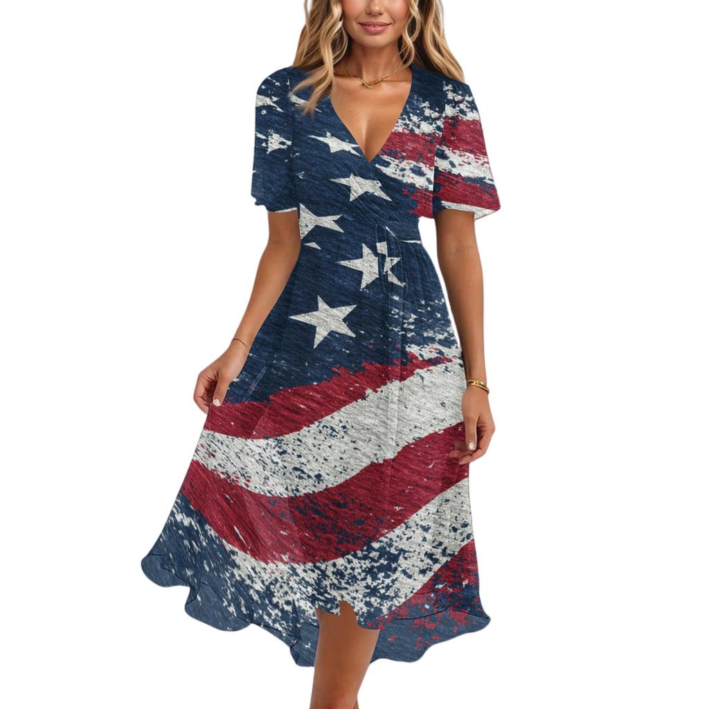 Women's Casual V-Neck Short-Sleeve Independence Day Print Dress