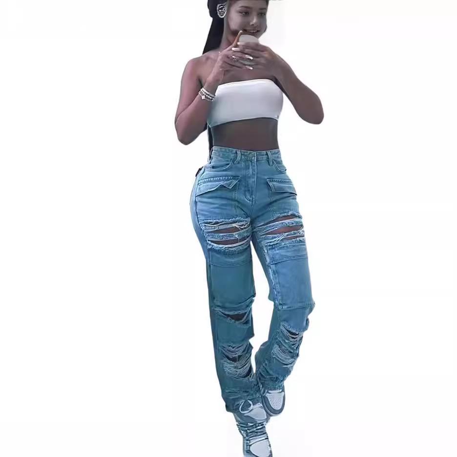 European and American Women's Casual Denim Ripped Jeans: New Hot-Selling Fashion Long Pants