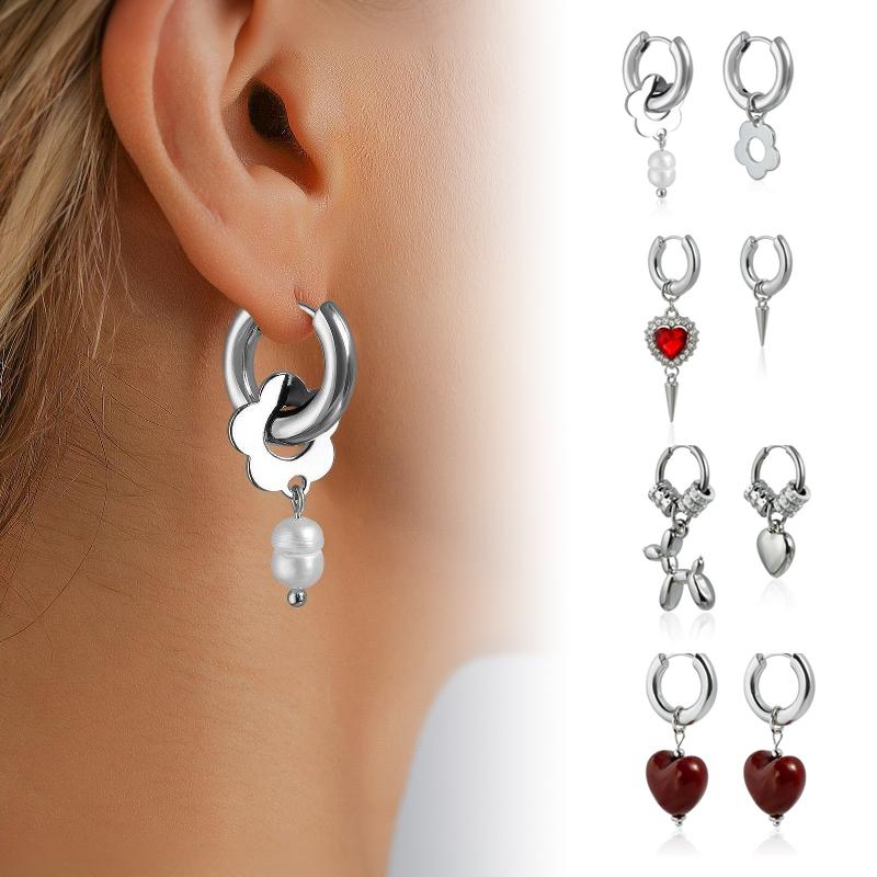 1Pair Punk Silver Color Asymmetry Flower Hoop Earrings For Women Fashion Red Zircon Heart Earrings Party Jewelry Accessorie Gift