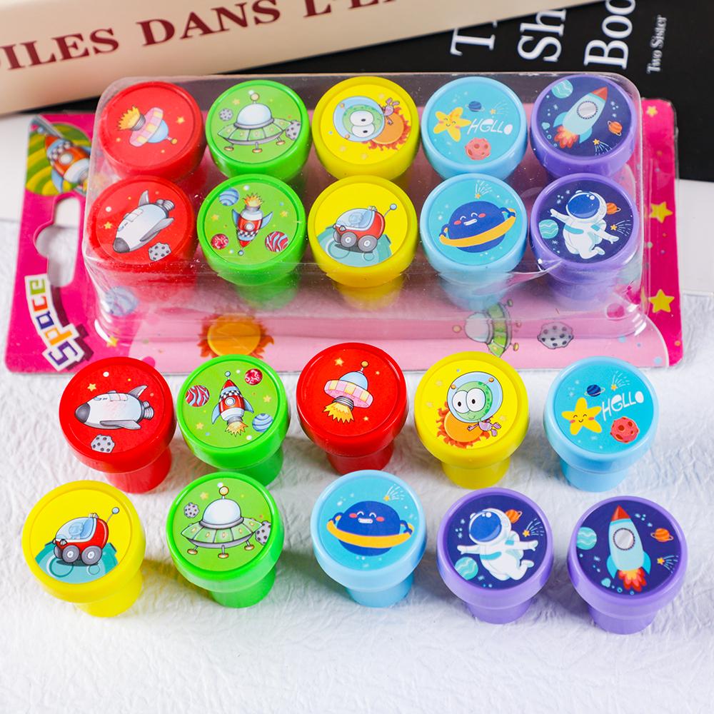 10Pcs Cute Astronaut Rocket Theme Self-ink Stamps Toys for Kids Outer Space Birthday Party Favors Pinata Kindergarten Rewards