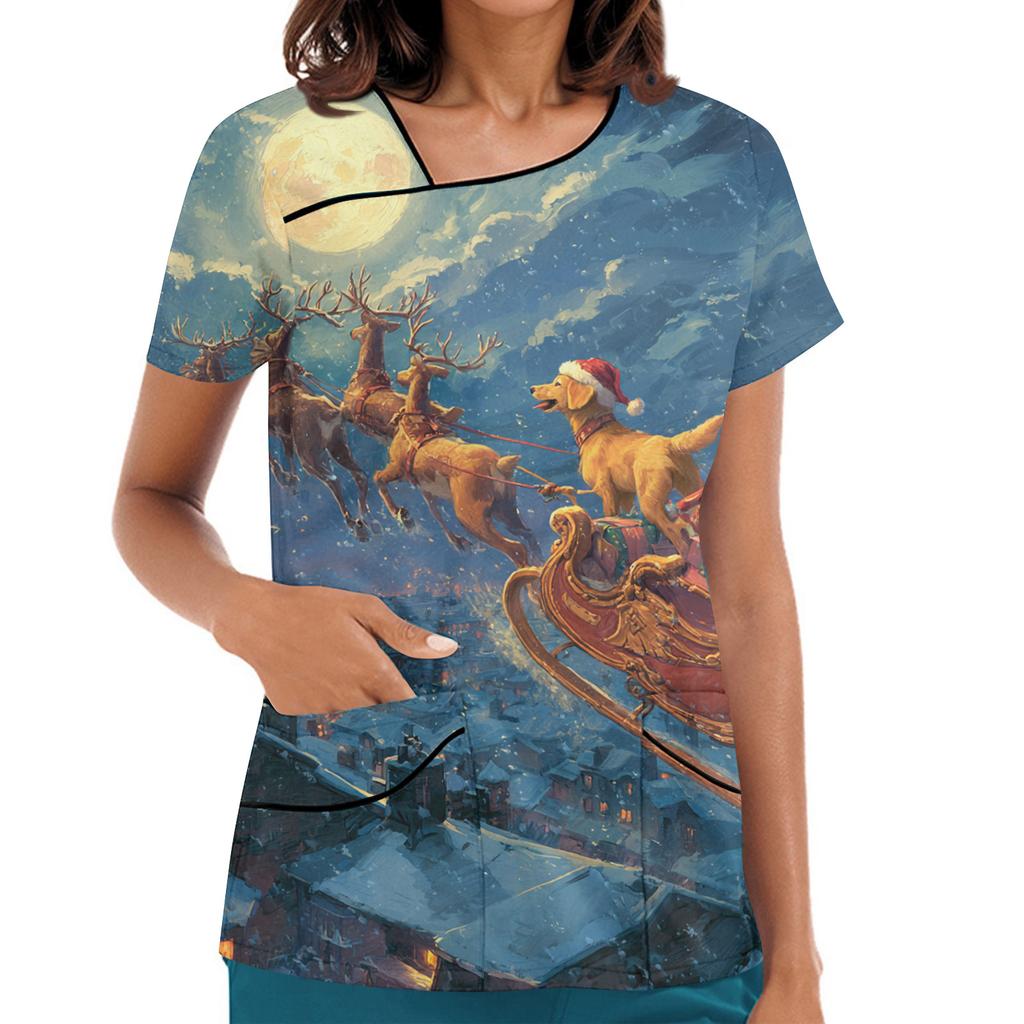 Women's Printed Work Clothes, Sloping Collar And Double Layer Pockets, Basic Top Pullover